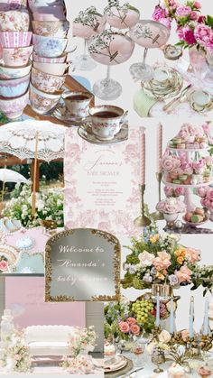 a collage of pink and white wedding items