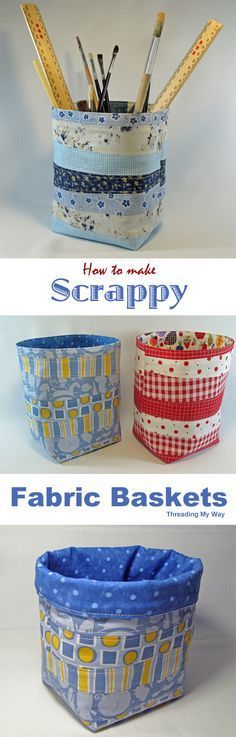 four different types of fabric baskets with scissors in them