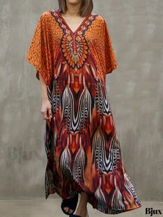 Bjux - Stylish V-neck Maxi Length Kaftan Dress with Ethnic Print and Batwing Sleeves, Womens Elegantly Designed Attire Ethnic Print, Kaftan Dress, Batwing Sleeve, Bat Wings, Collar Styles, Split, Weaving, V Neck, Fabric