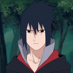 an anime character with black hair and red hoodie looking at the camera in front of trees