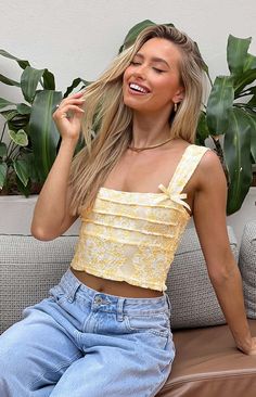 Vida Yellow Lace Bow Top – Beginning Boutique US Yellow Corset Top Outfit, Chunky Jewellery, Prom Midi Dress, White Bottoms, Summer Playsuit, Bow Top, Mexico Vacation, Beginning Boutique, Yellow Lace