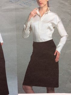 "Misses' Shirt, Skirt and Pants: Close-fitting shirt has buttoned front, front and back darts, extended shoulders, cuffs and fold-back collar. Collar and cuffs have hidden buttonhole and button. A-line skirt has back zipper, waistline facing, front and back edges butting with topstitching detail. High waisted pants are 1\" above waist with back zipper, front and back darts. Pattern is cut to size 18. Some wear to envelope, as shown. See photos for more measurements and fabric recommendations. Da Fall Fitted Skirt With Button Cuffs, Classic Fitted Bottoms For Daywear, Classic Formal Skirt With Button Closure, Classic Formal Skirt With Buttons, Formal Fitted Skirt With Button Closure, Fitted Hip-length Bottoms For Work, Fitted Bottoms With Buttons For Daywear, Fitted Skirt With Button Cuffs For Work, Classic Stretch Pleated Skirt