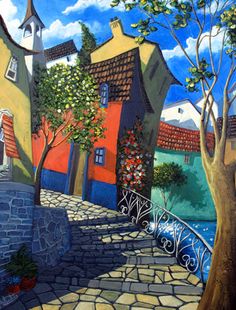 a painting of a cobblestone street with colorful houses and trees on the side