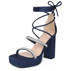 PRICES MAY VARY. [ Material ]: 3 colors: Navy Blue, Orange, Purple Satin Upper; Rubber Sole; ABS Heel 👠 Heel Height: 4.5'' (approx 11.5 cm); Platform Height: 1.4'' (approx 3.5 cm) [ FEATURES ]: Chunky Heels, Square Toe, Lace-up, Rhinestones Strap, Rhinestone Heel Sandal, Platform, 4 inch Heeled; Lightly Padded [ Good for Various Occasions]: Whether a party, work, date, wedding, cocktail, nightclub, homecoming, seas, travel, or other special occasions [ Match ]: These satin sandals have long eno Lace Up Chunky Heels, Blue Gold Wedding, Navy Blue Heels, Satin Sandals, Platform Design, High Heel Platform, Leather Loafer Shoes, Sandal Platform, Wedding Cocktail