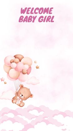 a baby girl card with a teddy bear flying in the sky and holding a bunch of balloons