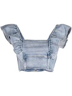 sky blue organic cotton blend denim washed square neck ruffled detailing cap sleeves rear zip fastening straight hem cropped Denim Crop Top, Latest Fashion Design, Crossbody Tote Bag, Moon Boots, Dolce E Gabbana, Crossbody Tote, Ruffle Top, Denim Top, Nike Air Jordan