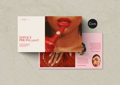 the brochure is designed to look like it has lipstick on her face and hands