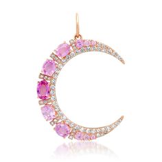 This whimsical crescent moon charm is the newest addition to my charm collection. I adore the oval stones and the diamond accent. Available in emerald and pink sapphire, there is no excuse not to add this chic crescent to cart! Available in 14k yellow, rose, or white gold 2.52ctw pink sapphire or 1.79ctw emerald .67ctw diamonds Crescent measures 30mm by Curated by AB Rose Gold Jewelry With Pink Sapphire Gemstone, Pink 14k Gold Jewelry With Charms, Oval Pink Sapphire Jewelry With Gemstone Accents, Pink Sapphire Jewelry With Rose Cut Diamonds, Oval Pink Sapphire Rose Gold Jewelry, Rose Gold Oval Pink Sapphire Jewelry, Oval Pink Sapphire Jewelry, Oval Rose Gold Pink Sapphire Jewelry, Pink Sapphire Gemstone Pendant Jewelry