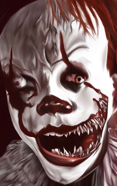 a creepy clown with red hair and white makeup