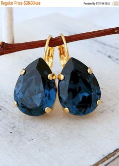 SALE Navy blue Swarovski crystal drop earrings by EldorTinaJewelry Sapphire Crystal Teardrop Earrings, Sapphire Teardrop Crystal Earrings, Sapphire Drop Earrings, Dark Blue Earrings, Navy Blue Earrings, Swarovski Crystal Drop Earrings, Earrings Sapphire, Bridesmaids Jewelry, Blue Drop Earrings