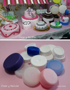 there are many different types of cakes on the table and one is blue, pink, white