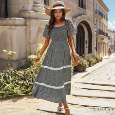 Lasaky - Luxurious Long-Sleeve Formal Wear Vintage Floral Print Dress, Vintage Long Dress, Short Sleeve Summer Dresses, Boho Dresses Long, Lace Trim Dress, Flare Sleeve Dress, Printed Summer Dresses, Dress Women Elegant, Lace Neckline