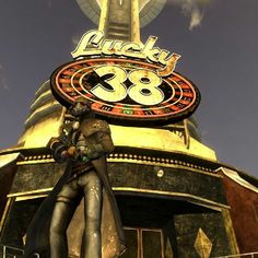 an animated image of a woman standing in front of a clock tower with the words lucky 38 on it