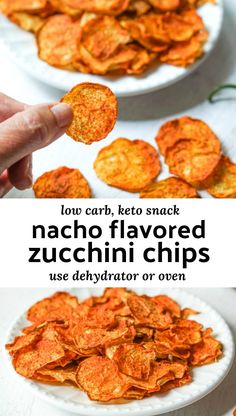 two plates filled with cheesy potato chips on top of each other and the text overlay reads low carb, keto snack nacho flavored zucchi - flavored zucchini chips