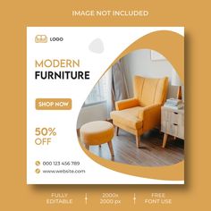 a modern furniture sale flyer with an orange chair and ottoman