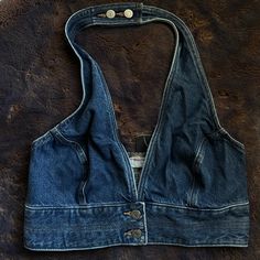 Beautiful Dark Denim Levi Vest. Never Been Worn. Size Medium. Levi's Denim Tops For Summer, Fitted Denim Vest In Medium Wash, Fitted Levi's Tops In Medium Wash, Fitted Dark Wash Recycled Denim Top, Fitted Washed Blue Denim Vest, Levi's Denim Blue Top For Spring, Levi's Blue Denim Top, Halter Tops Outfit, Denim Upcycle