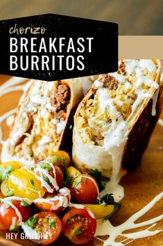 breakfast burritos on a plate with dressing drizzled over the top