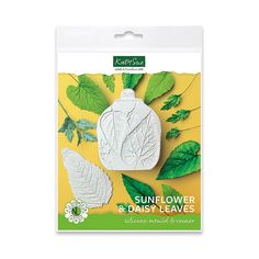 a package of sunflower and daisy leaves in white packaging with green leaves on the side