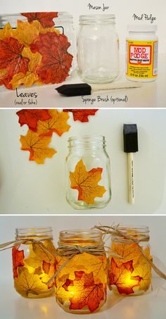 mason jars filled with fall leaves and some glue to make them look like they are floating