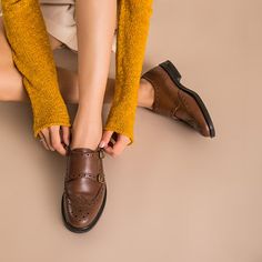 The monk shoe made of calfskin is perfect by the special design. If you are in love with brogue fretwork, you have found the perfect fit. Womens Oxfords Shoes, Women Brogues, Monk Shoes, Brogues Style, High Heel Sneakers, Genuine Leather Shoes, Leather Buckle, Sneaker Heels, Mary Jane Shoes