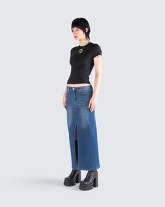 Simple, not basic 😌 Feel good and look even better in this two-piece set featuring a black jersey top paired with a blue denim maxi skirt. The perfect everyday look to dress up or down, period 🖤 Casual High-waist Maxi Skirt For Night Out, Casual High Waist Maxi Skirt For Night Out, Fitted Dark Wash Casual Maxi Skirt, Casual Full-length Maxi Skirt For Night Out, Casual Full Length Maxi Skirt For Night Out, Casual Full Length Maxi Skirt, Denim Maxi, Denim Maxi Skirt, Black Jersey