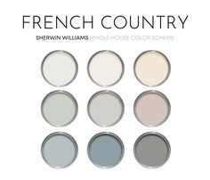 This listing is for an French Country color scheme, created with Sherwin Williams paint colors and featuring many best-selling colors. I have carefully selected a range of 9 colors for this palette, and included options for walls, trim, furniture, cabinets and doors. Sherwin Williams has hundreds of paint colors, each with their own unique undertones. This can make choosing the right paint colors hard. The colors in this collection were carefully selected to coordinate with ea Light Farmhouse Paint Colors, French Country Color Schemes, Country Color Scheme, French Country Paint Colors, Whole House Color Scheme, Country Paint Colors, French Country Color Palette, Neutral Interior Paint Colors, Farmhouse Paint Colors Interior