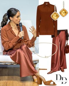 Aug. 2024,  - Shirt: #victoriabeckham Silk Button Down Shirt. - Trousers: #lalignenyc Colby Pant in Spice. - Shoes: #aquazzura Divine Sandal 85. - Earrings: #birks ‘Muse’ Citrine and Diamond Drop Earrings. - Necklace: #cartier 'Juste Un Clou' Collar Necklace Meghan Duchess Of Sussex Style, Megan Markle Style 2024, Meghan Markle Jewelry, Necklace Cartier, Meghan Markle Outfits, Silk Button Down Shirt, Digital Future