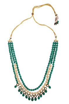 Gold plated three layered long necklace with misty pearls, green stones and glistening kundan meenakari encrustments. Comes with a pair of dome shaped meenakari jhumka earrings. - Aza Fashions Pearl Jewellery Set, Meenakari Jewellery, Green Stones, Pearl Jewelry Sets, Pearl Jewellery, Jhumka Earrings, Jewellery Set, Fashion App, Three Layer