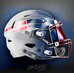 a football helmet with red, white and blue stripes on it's side is shown