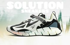 a white and black sneaker with the words solution sneakers on it's side