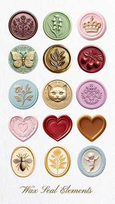 a bunch of different colored wax seals with hearts and flowers on them, all in different colors