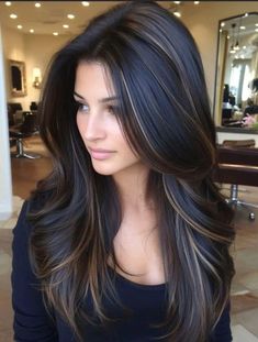 Hair Do With Extensions Up Dos, Black Hair Going Lighter, 2024 Dark Hair Trends, Black Hair With Highlights And Lowlights, Lowlights Brown Hair, Lowlights For Brunettes, Lowlights Hair Color, Black Hair With Lowlights, Brown And Black Hair