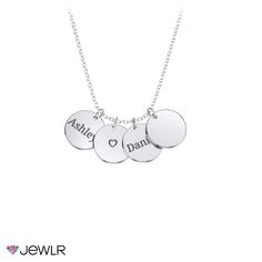 For the mother who wants to keep her favorite people close to her heart, this 4 disc necklace is the perfect gift. Available to customise in 14k or 10k gold & sterling silver. For single and 2 disc variations, check out our Engravable Disc Pendant or Engravable 2 Disc Pendant and personalize your own perfect gift. Mother's Day Sterling Silver Round Disc Charm Necklace, Sterling Silver Nameplate Necklace With Charms, Sterling Silver Round Disc Charm Necklace For Mother's Day, Sterling Silver Charm Necklaces For Mother's Day, Sterling Silver Round Disc Charm Necklaces For Mother's Day, Customizable Round Sterling Silver Charm Necklaces, Mother's Day Sterling Silver Engraved Name Necklace, Mother's Day Sterling Silver Name Necklace With Engraving Option, Sterling Silver Name Necklace With Engraving For Mother's Day