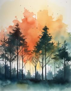 watercolor painting of trees in the sunset