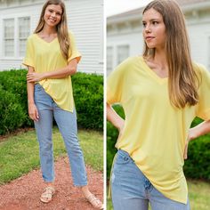 classic solid tee Versatile Spring T-shirt For Casual Gatherings, Yellow V-neck Top For Loungewear, Versatile V-neck T-shirt For Loungewear, Relaxed Fit V-neck Top For Day Out, Casual Yellow V-neck Top, Spring Basic Relaxed Fit V-neck Top, Spring Relaxed Fit Basic V-neck Top, Basic Relaxed Fit V-neck Top For Spring, Basic V-neck T-shirt For Spring