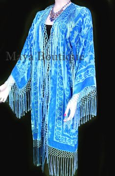 Velvet Fringe, Knotted Fringe, Sky Blue Color, Burnout Velvet, Velvet Coat, Custom Shades, Hand Dyed Fabric, Long Fringe, Flapper Style