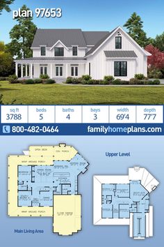 the floor plan for this house is shown in blue and white, with two levels to each