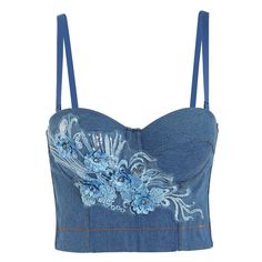 Style: Sexy Fit: Slim Fabric: Denim Pattern: Floral Element: Embroidery Top Length: Crop Neckline: Spaghetti Strap Product Type: Camis Main Composition: Cotton Season: Summer Denim Pattern, Corset Bra, Embroidery Top, Denim Patterns, Cardigan Top, Cabaret, Pattern Floral, Corset Top, Swimwear Tops