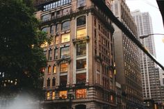 an old building in the city at dusk