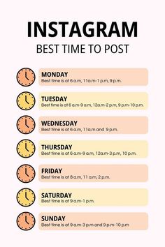 the instagram time to post is displayed on a white background with orange and yellow clocks