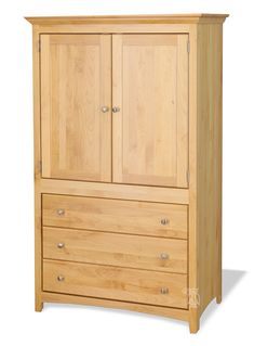 a wooden armoire with two drawers on one side and three doors on the other