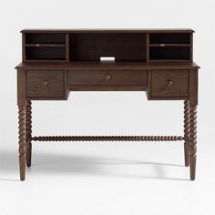 a wooden desk with two drawers on one side and an open drawer on the other