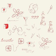 a bunch of doodles that are on a white paper with red ink in it