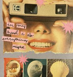 a collage of photos with words written on them and an image of a woman holding a camera in front of her face