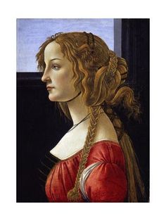 a painting of a woman with braids on her head and red dress, looking out the window