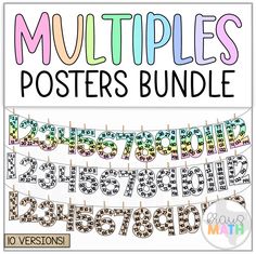 multiple posters with the words, numbers and letters in different colors on clothes pegs