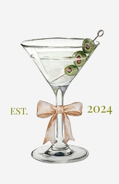 a drawing of a martini glass with olives in it