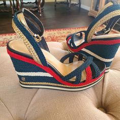 Never Worn Tommy Hilfiger Wedge Sandals With Ankle Strap. Great For A Summer Vaca By The Shore Or A Yacht Rock Party. Size 9.5 Tommy Hilfiger Wedge Heel Sandals For Beach, Tommy Hilfiger Beach Sandals With Wedge Heel, Tommy Hilfiger Wedge Sandals For Beach In Summer, Tommy Hilfiger Round Toe Wedge Sandals For Beach, Tommy Hilfiger Open Toe Wedge Sandals For Beach, Tommy Hilfiger Summer Beach Wedge Sandals, Tommy Hilfiger Synthetic Beach Sandals, Tommy Hilfiger High Heel Sandals For Spring, Blue Wedge Heel Vacation Heels