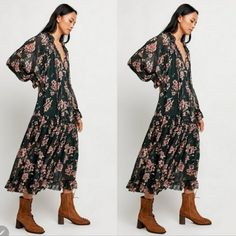 Flowy Floral Maxi Dress From Free People Featuring A Tiered Skirt With A V-Neckline And Voluminous Sleeves. -Cinched Cuffs -Ties At Neckline -A-Line Silhouette Care/Import Machine Wash Cold Import Contents: 100% Polyester Lining: 100% Viscose Length Approx 54" Bust: 55" Sleeve Length: 29" Nwot/Boutique Size: Medium Retail: $168.00 Maxi Dress Shoes Fall, Maxi Dress Cowboy Boots, Flowy Floral Maxi Dress, Feeling Groovy, Dresses With Cowboy Boots, Boho Clothes, Voluminous Sleeves, Tiered Skirt, Floral Maxi