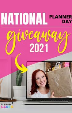 the national planner's day giveaway is on display in front of a laptop